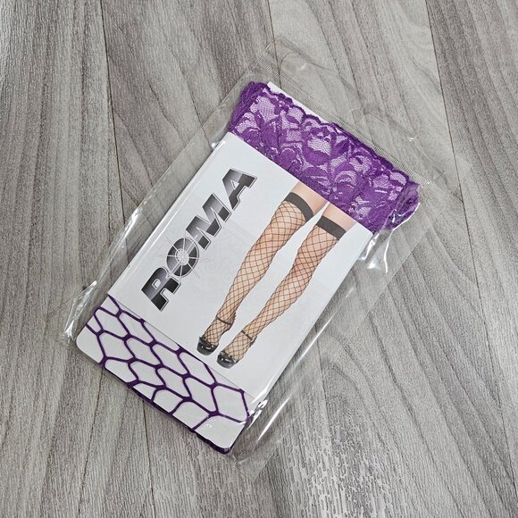 Roma Purple Thigh High Fishnet Lace Stockings, One Size - Picture 1 of 3